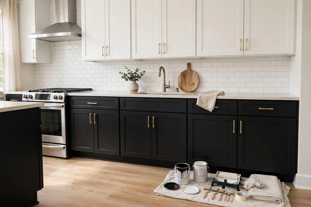 Kitchen with repainted two-tone cabinets, black lower doors and white upper doors, with paint supplies set aside.