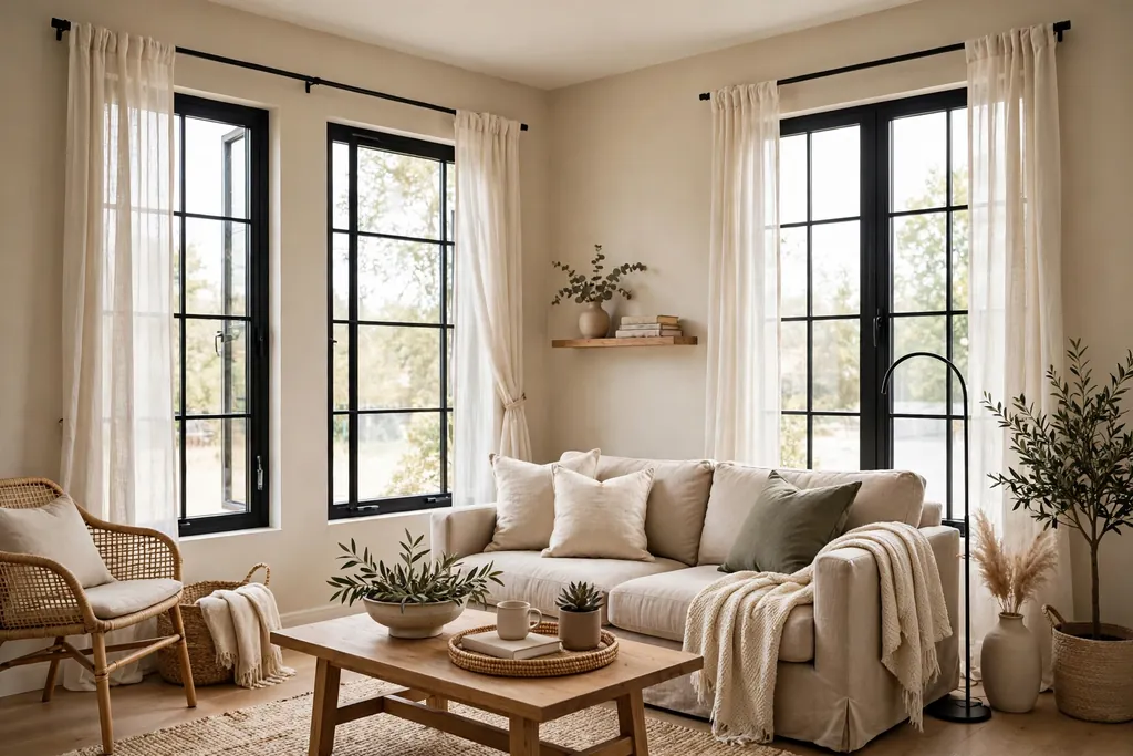 Living room with black window frames, beige walls, and light curtains.