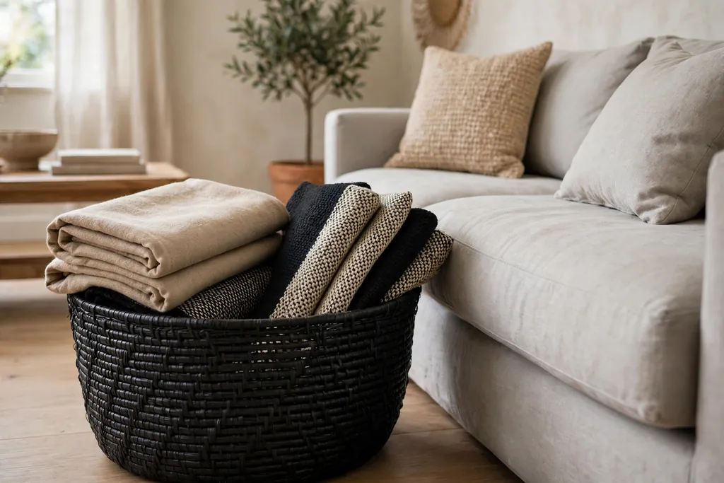 Black woven basket holding folded beige and black throws beside a sofa.