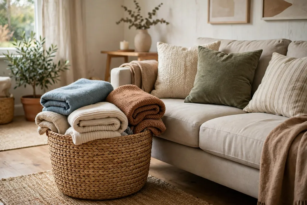 Living room sofa with a large woven basket holding folded blankets beside it.
