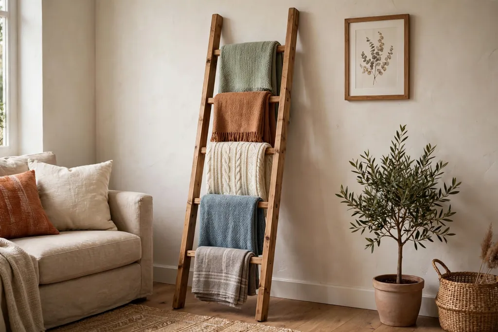 Wooden blanket ladder leaning against a living room wall holding folded throws.