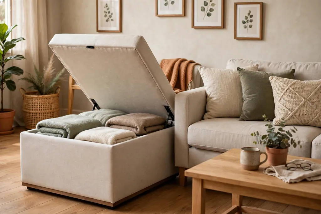 Living room with a storage ottoman open beside a sofa showing folded blankets inside.