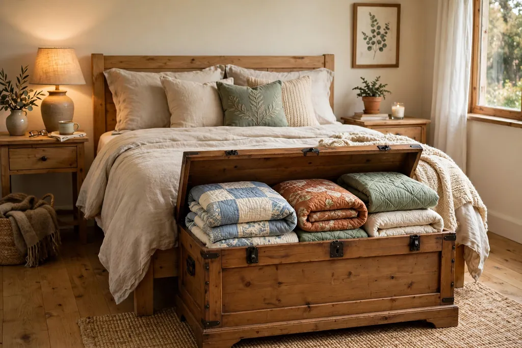Bedroom with a blanket chest at the foot of a bed holding folded quilts.