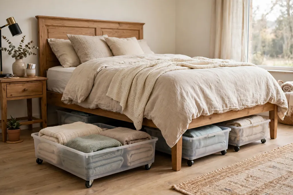 Bedroom with low rolling bins sliding under a bed holding blankets.