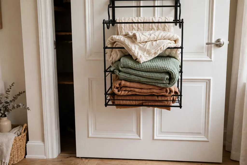 Bedroom closet door with an over-door rack holding folded throws.