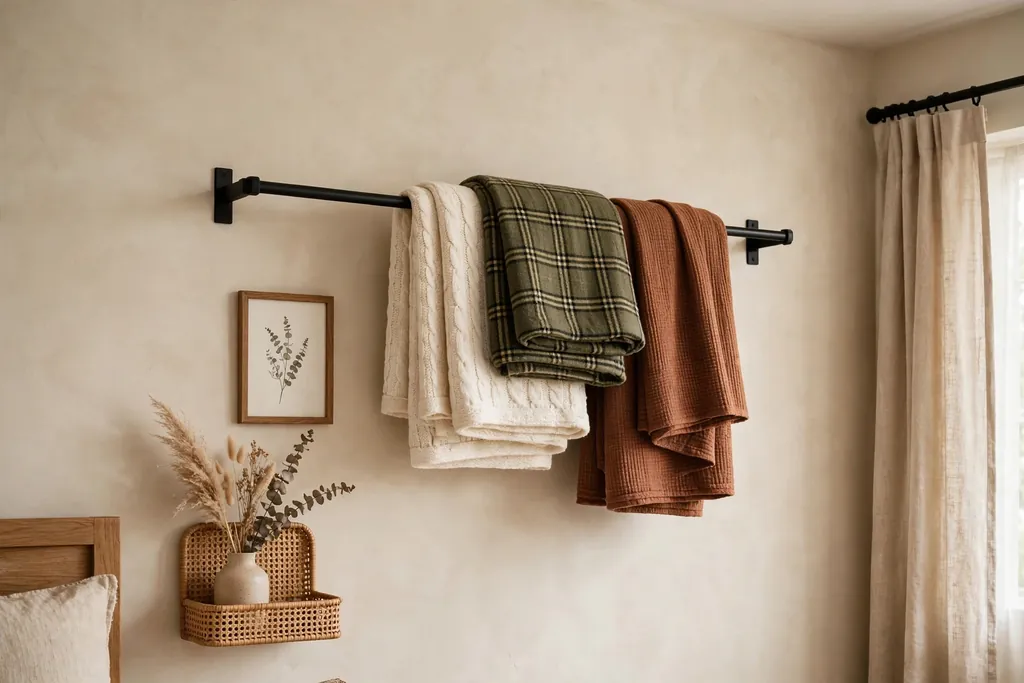 Bedroom wall with a wall-mounted blanket bar holding folded throws.