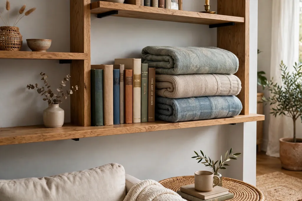 Living room open shelves with a neat stack of folded blankets beside books.