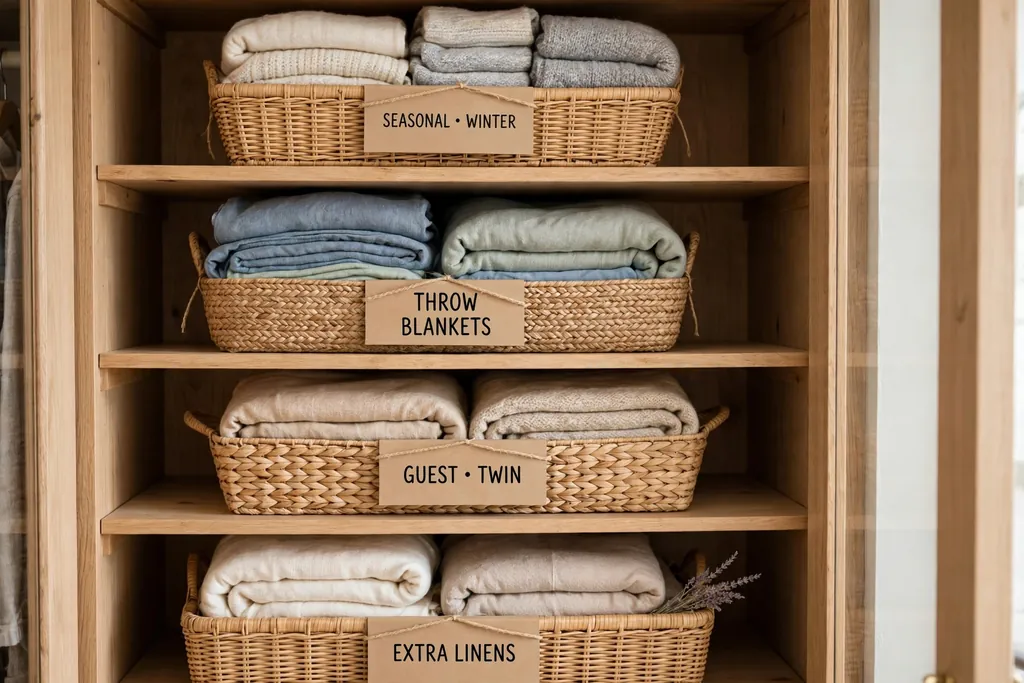 Linen closet shelves with labeled baskets holding folded blankets.