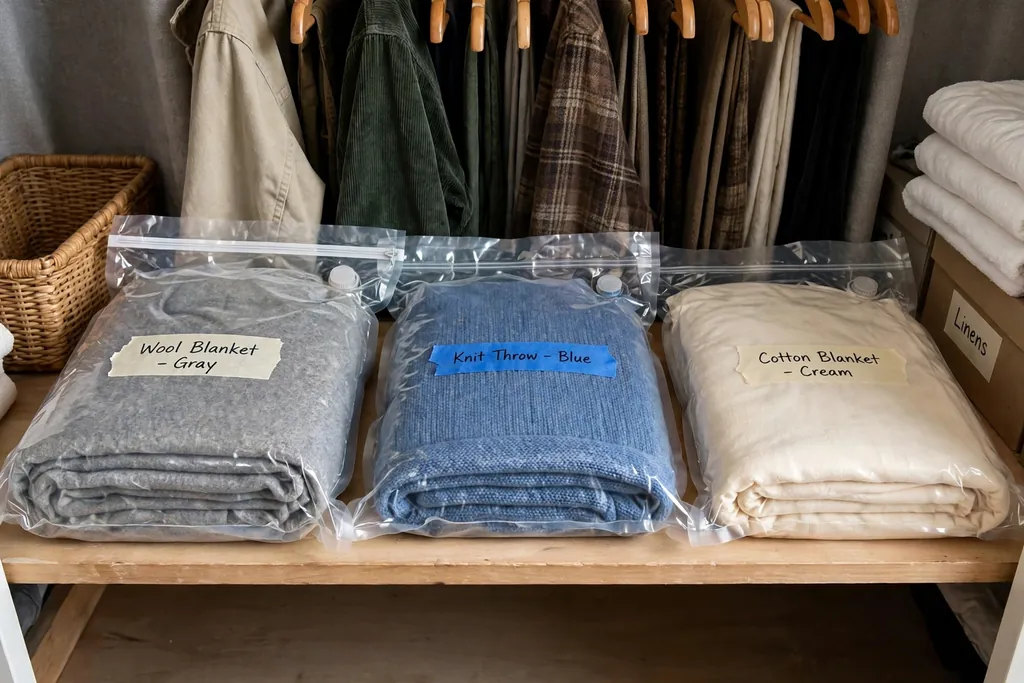 Flat vacuum storage bags holding folded blankets on a closet shelf.