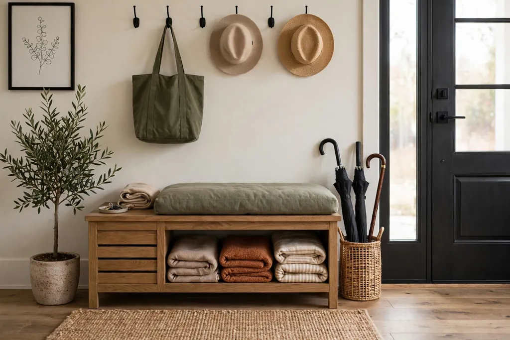 Entryway with a storage bench holding folded blankets below the seat.