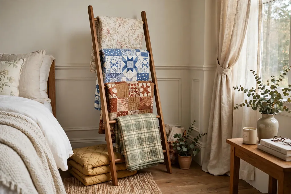 Bedroom corner with a freestanding quilt rack holding folded quilts.