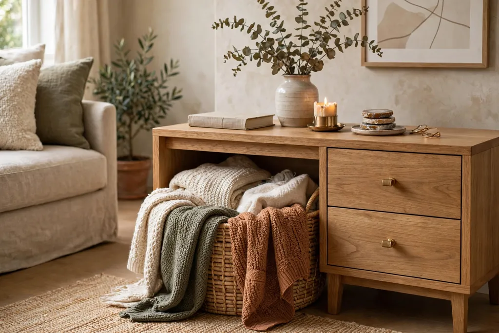 Living room side table with a low basket of throws tucked underneath.