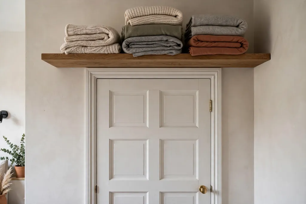 Bedroom door with a shelf above it holding folded spare blankets.