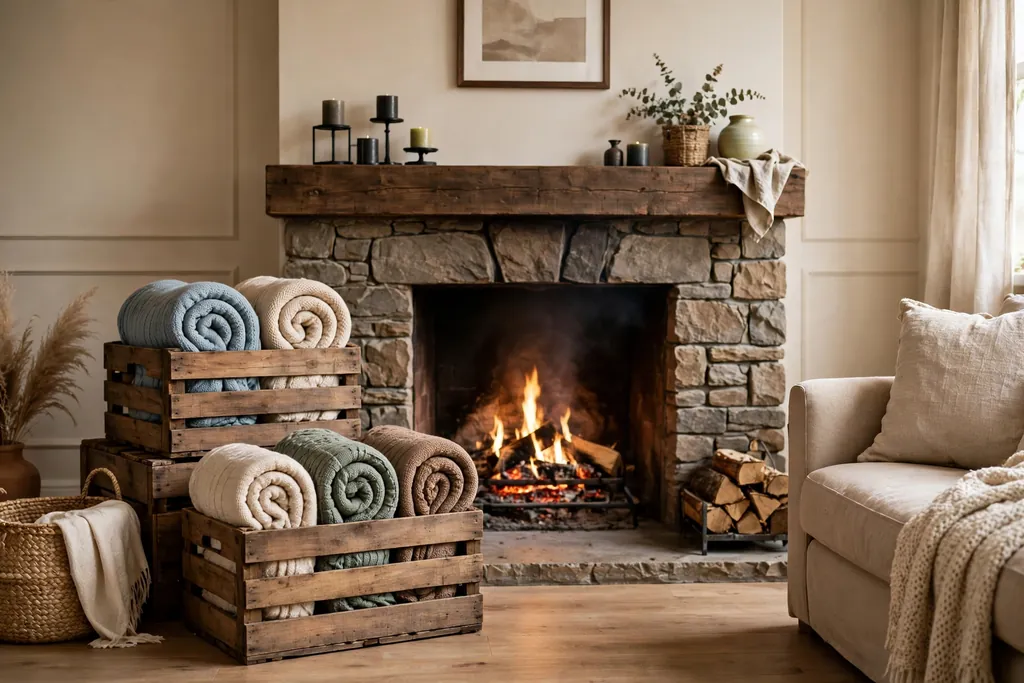 Living room fireplace with wooden crates beside it holding rolled blankets.
