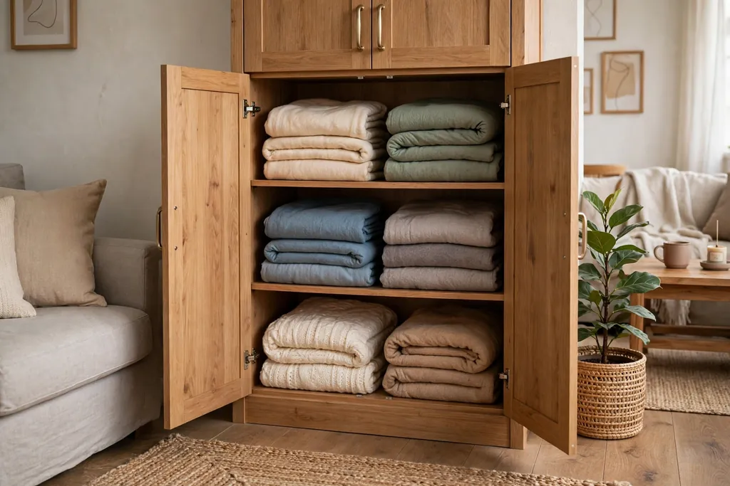 Living room closed cabinet with doors open showing folded blankets inside.