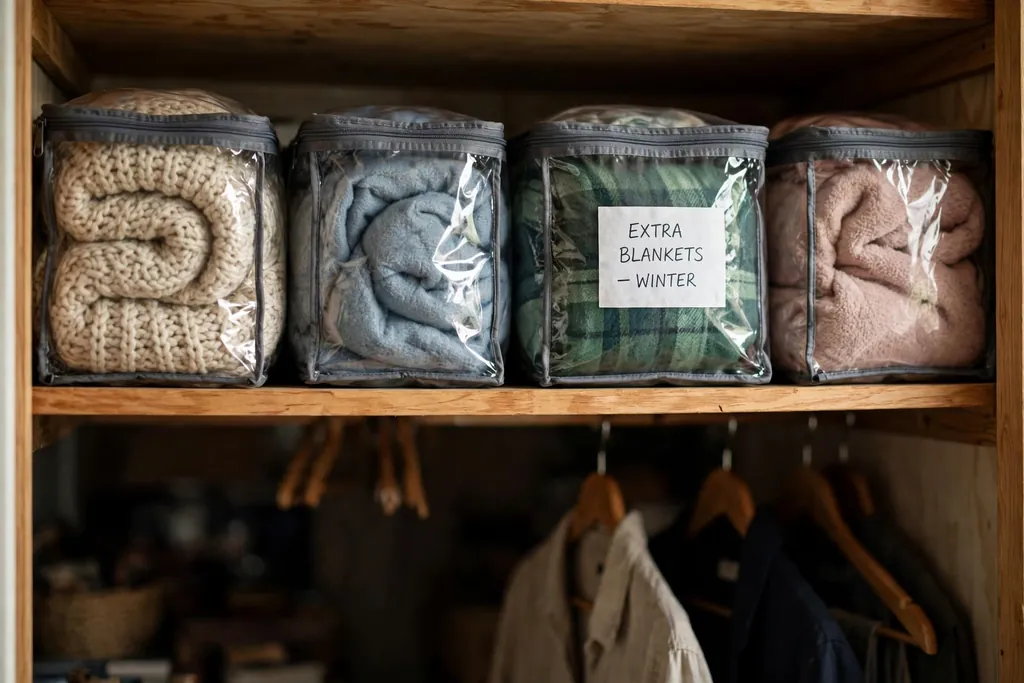 Closet top shelf with zippered storage bags holding blankets.
