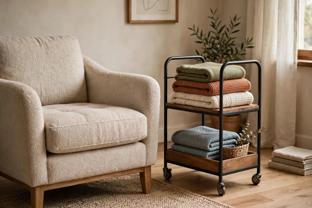 Armchair with a small rolling cart beside it holding folded throws.