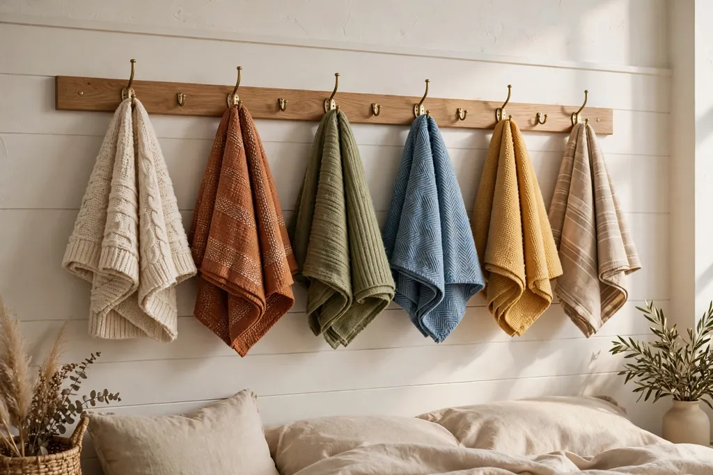 Bedroom wall with a row of hooks holding folded throws.