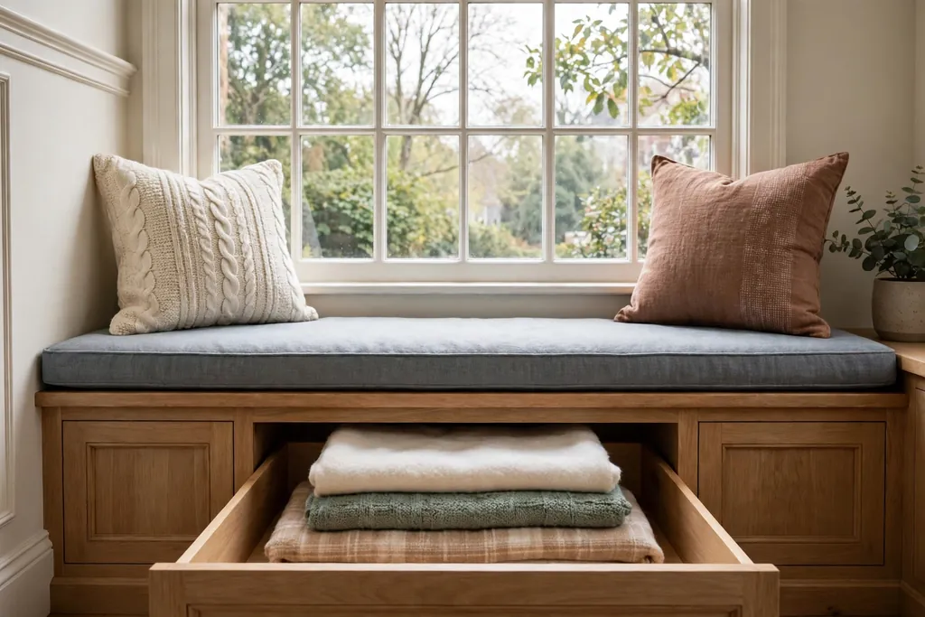 Window seat with an open drawer below holding folded blankets.