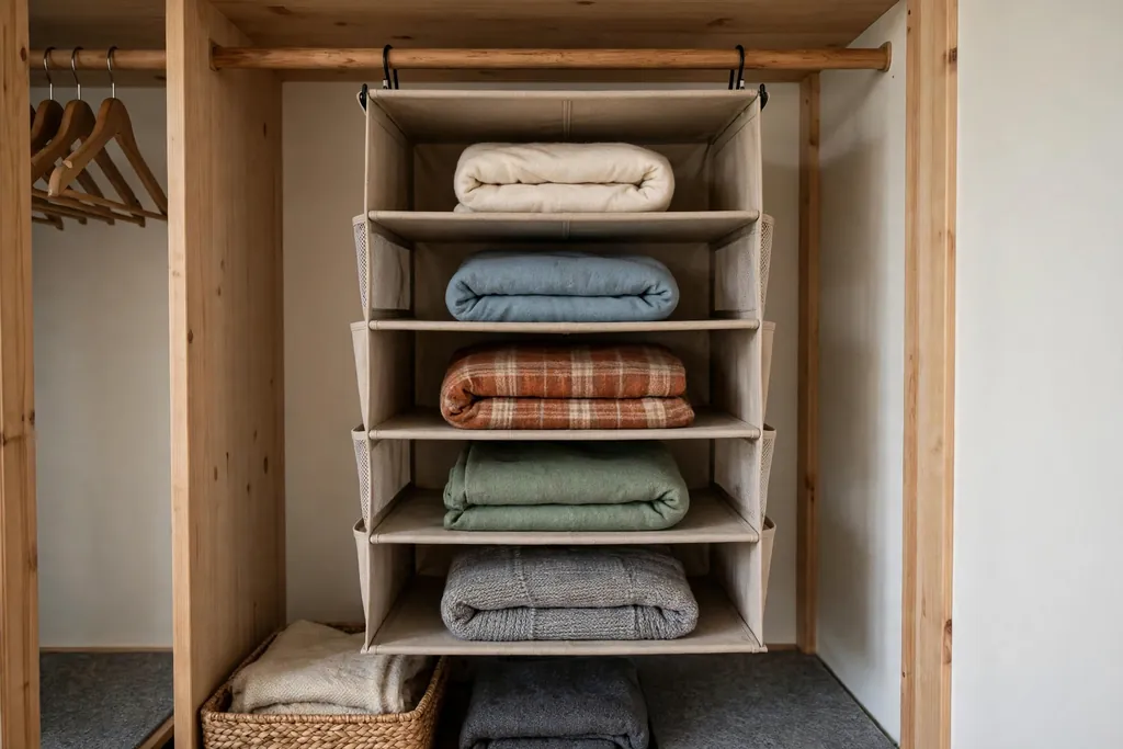 Closet interior with a hanging fabric shelf unit holding folded blankets.
