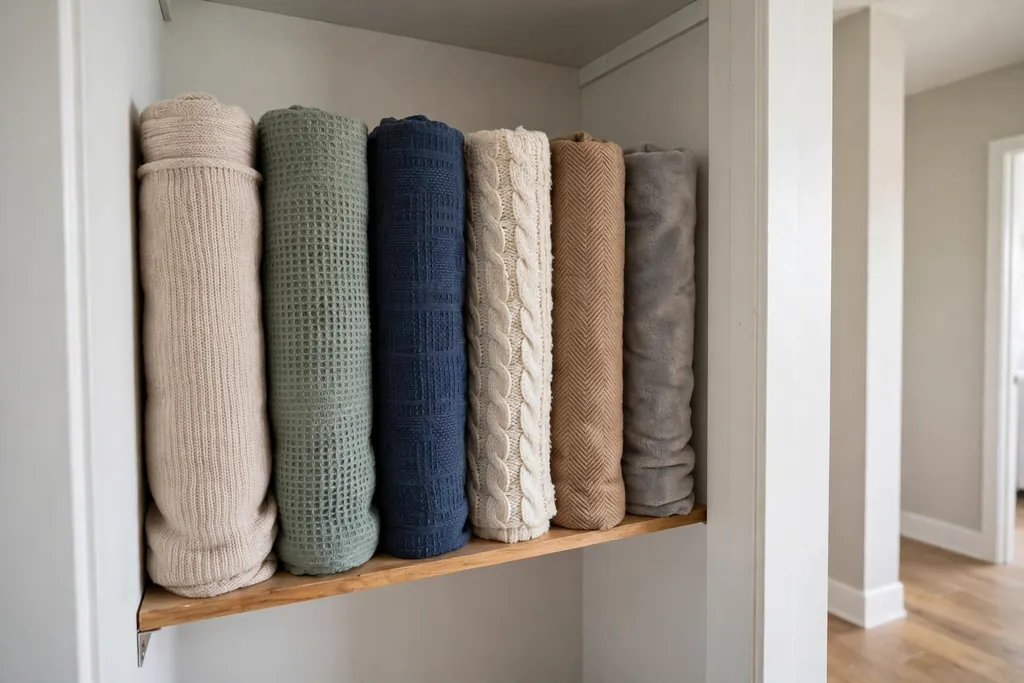 Hallway closet shelf with rolled blankets standing in a row.