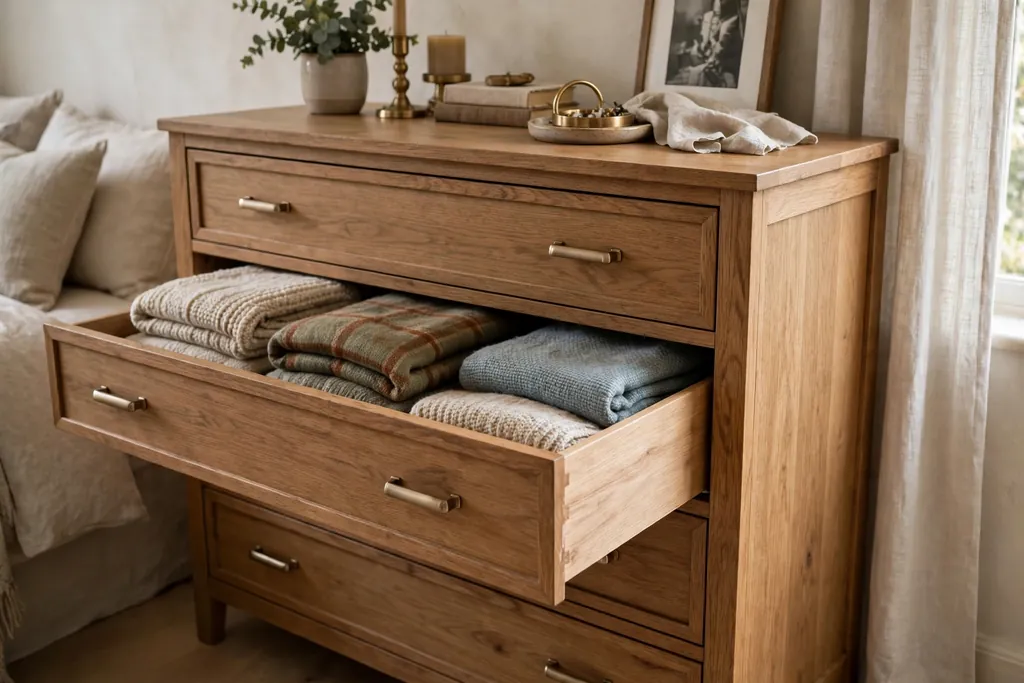 Bedroom dresser with an open drawer holding folded throws.
