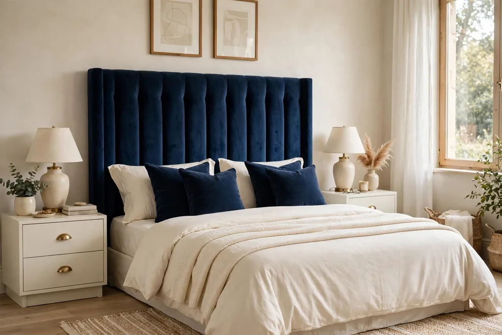 Bedroom with a navy velvet headboard