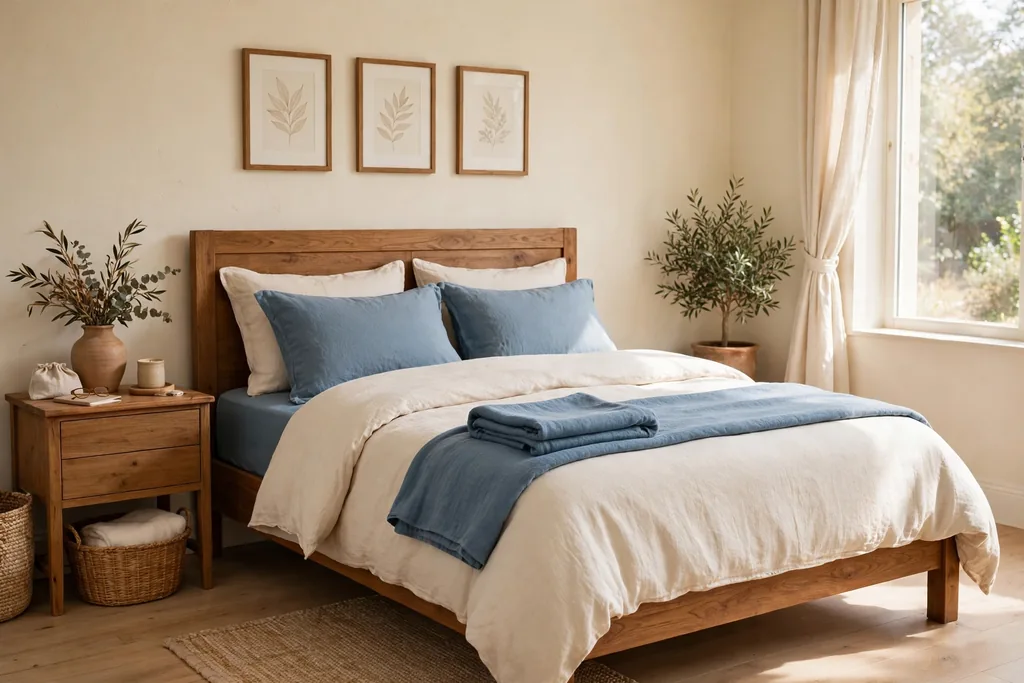 Bedroom with cream walls and a bed layered with dusty blue and cream bedding.