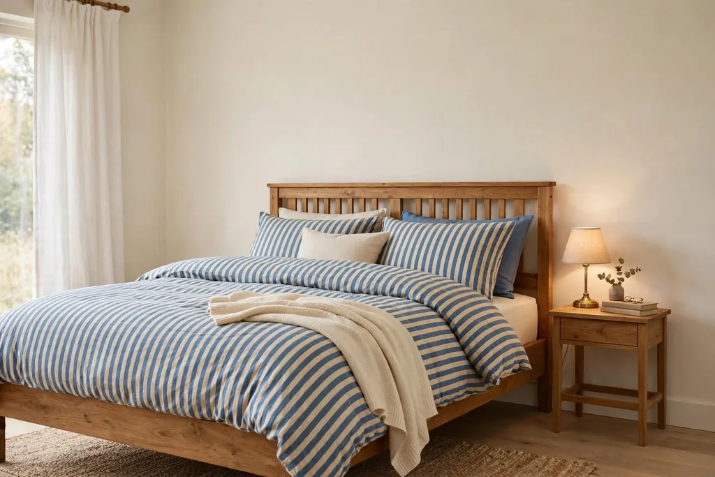 Bed with blue and cream striped bedding and a cream throw.