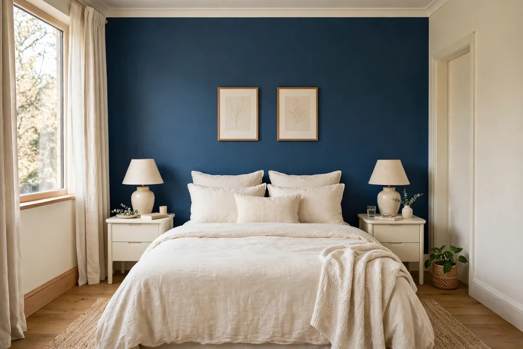 Bedroom with a deep blue accent wall behind a bed with cream bedding.