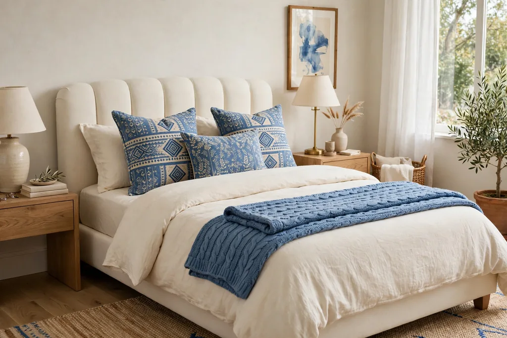 Cream upholstered bed with blue patterned cushions and a blue knit throw.