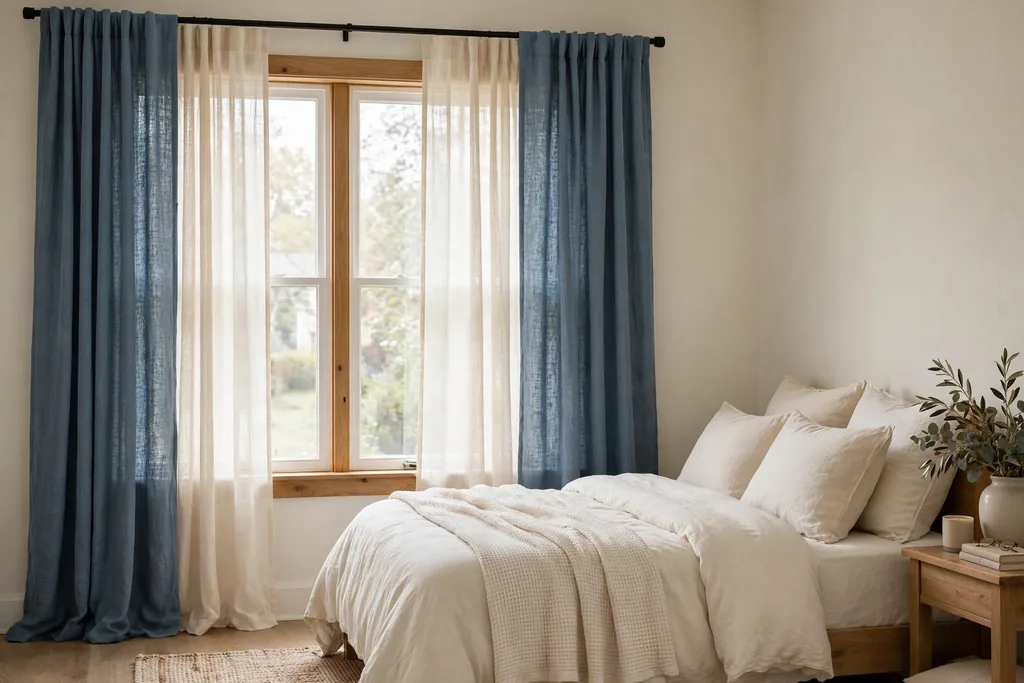 Bedroom window with dusty blue curtains layered over cream sheer panels.