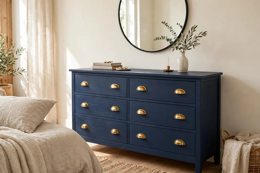 Navy painted dresser with brass handles under a round mirror.