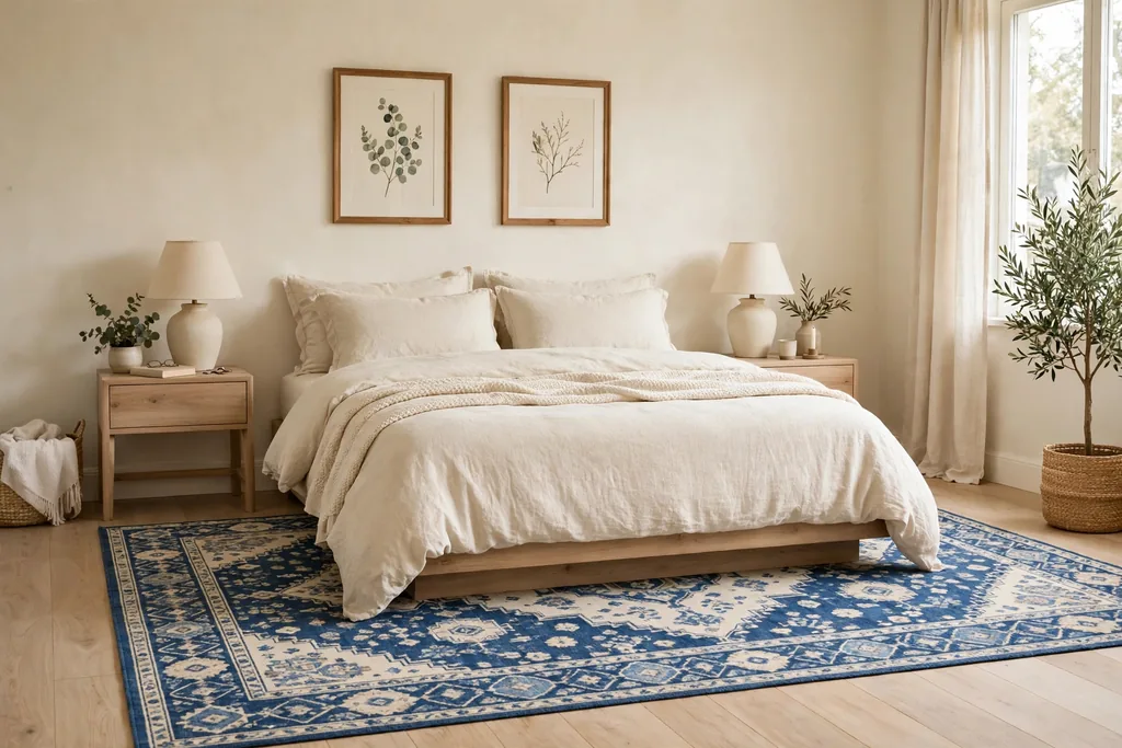 Bedroom with a blue and cream patterned rug under a bed with cream bedding.