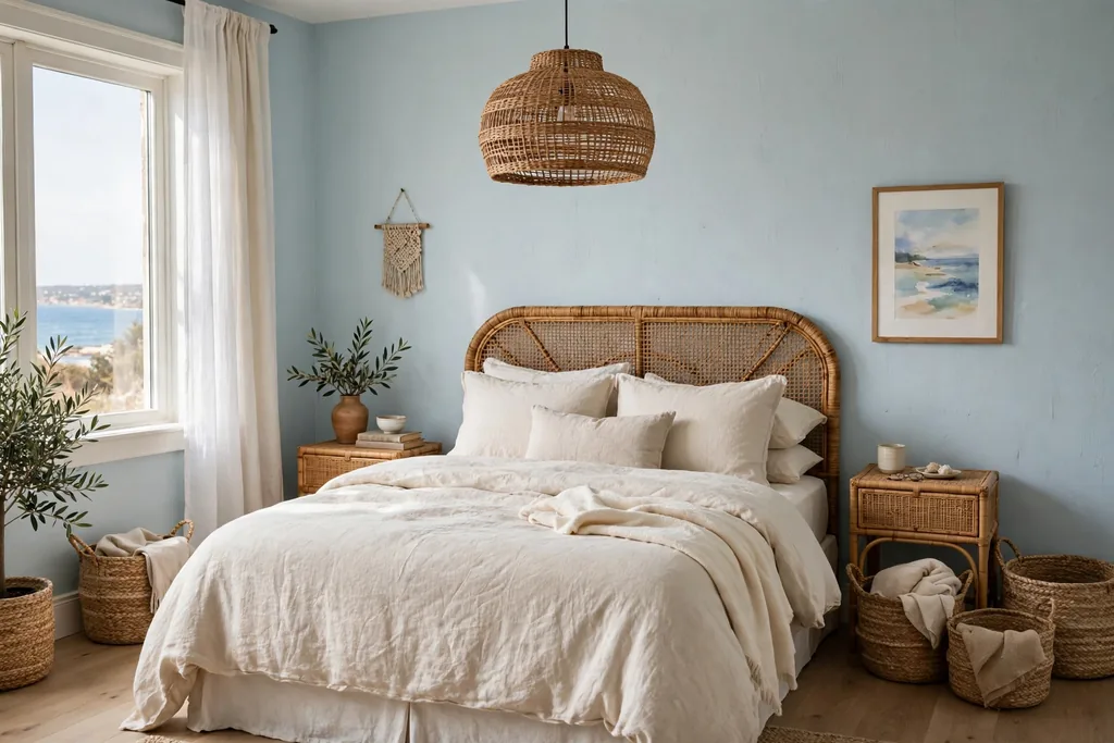Coastal bedroom with pale blue walls