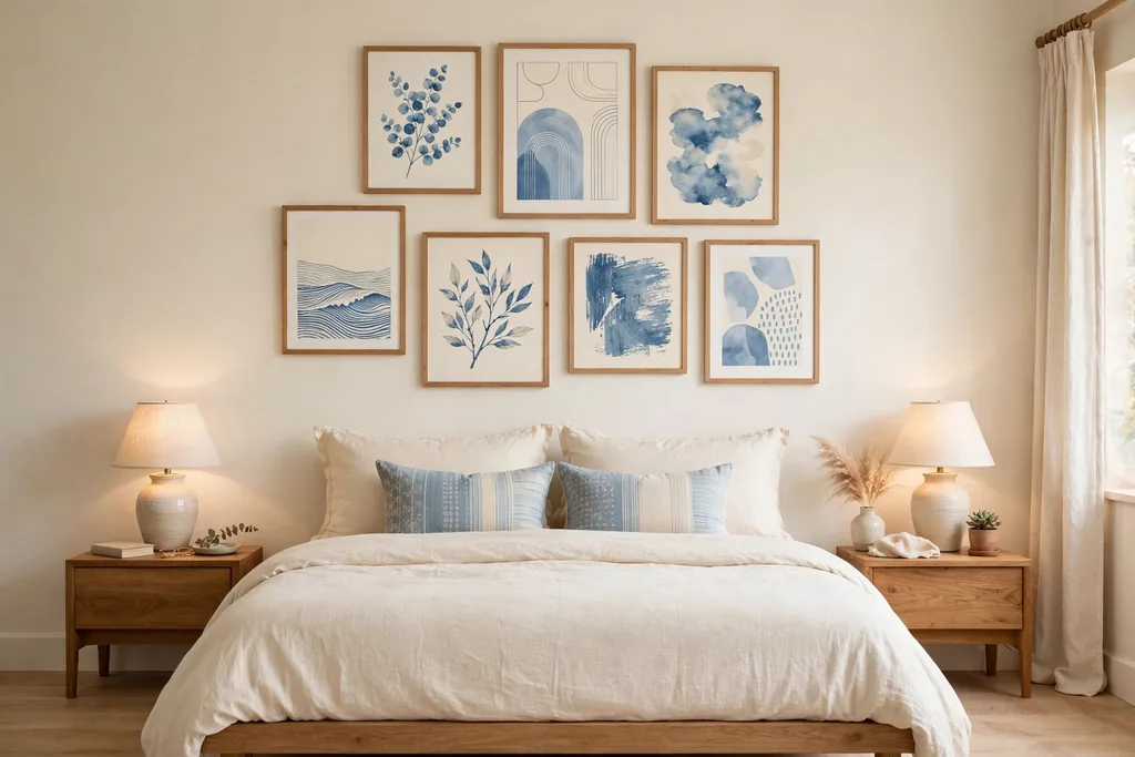 Bedroom with a gallery wall of blue and cream prints above a bed.