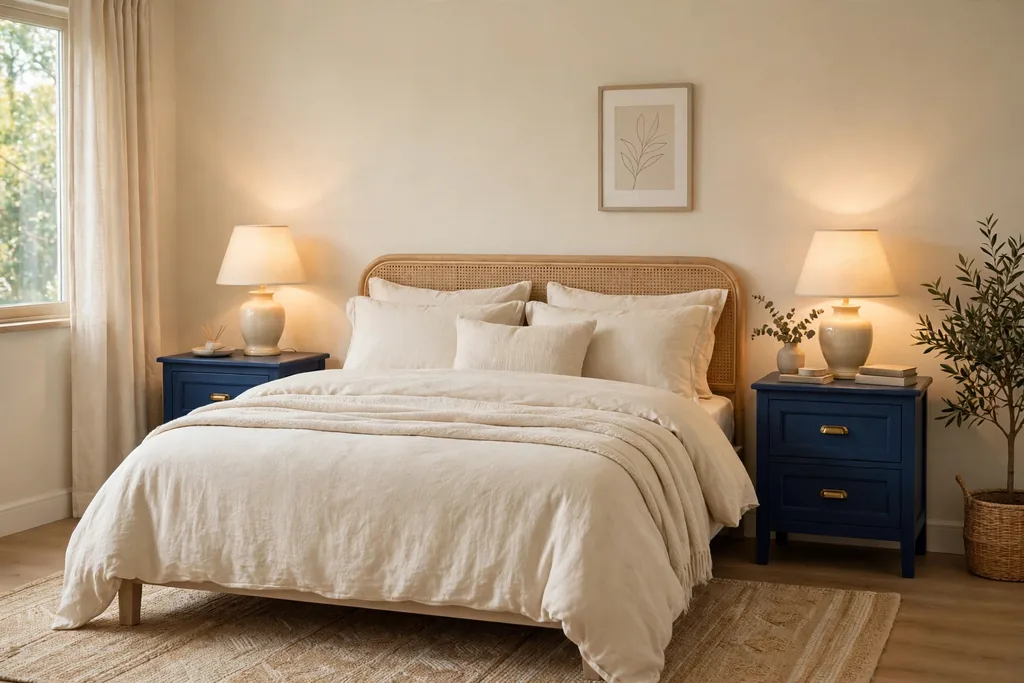 Bedroom with navy nightstands and cream lamps beside a bed.