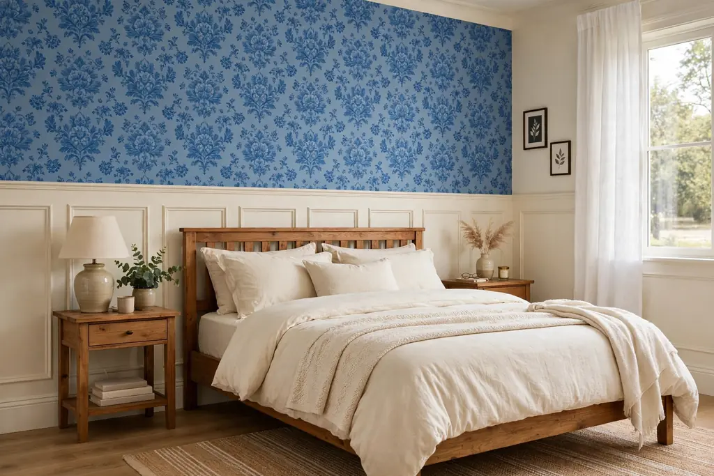 Bedroom with blue patterned wallpaper above cream wainscoting.