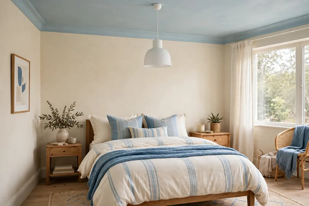Bedroom with a soft pale blue ceiling and warm cream walls.