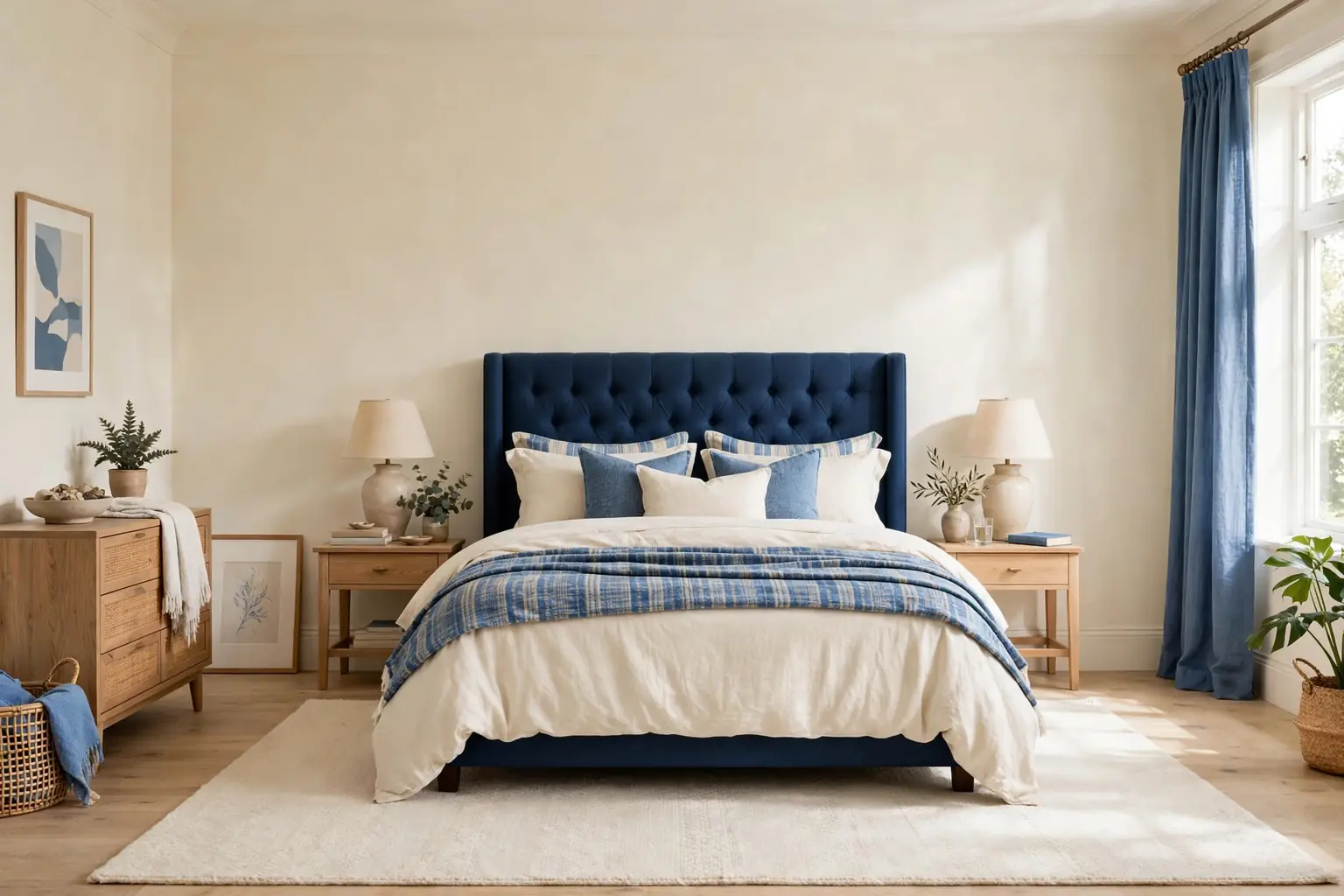 Wide bright bedroom with a navy tufted headboard
