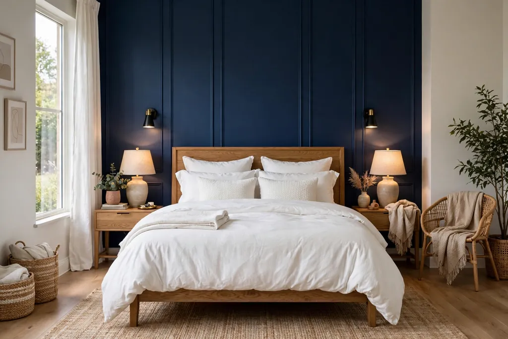 Bedroom with a navy accent wall behind a bed with white bedding.