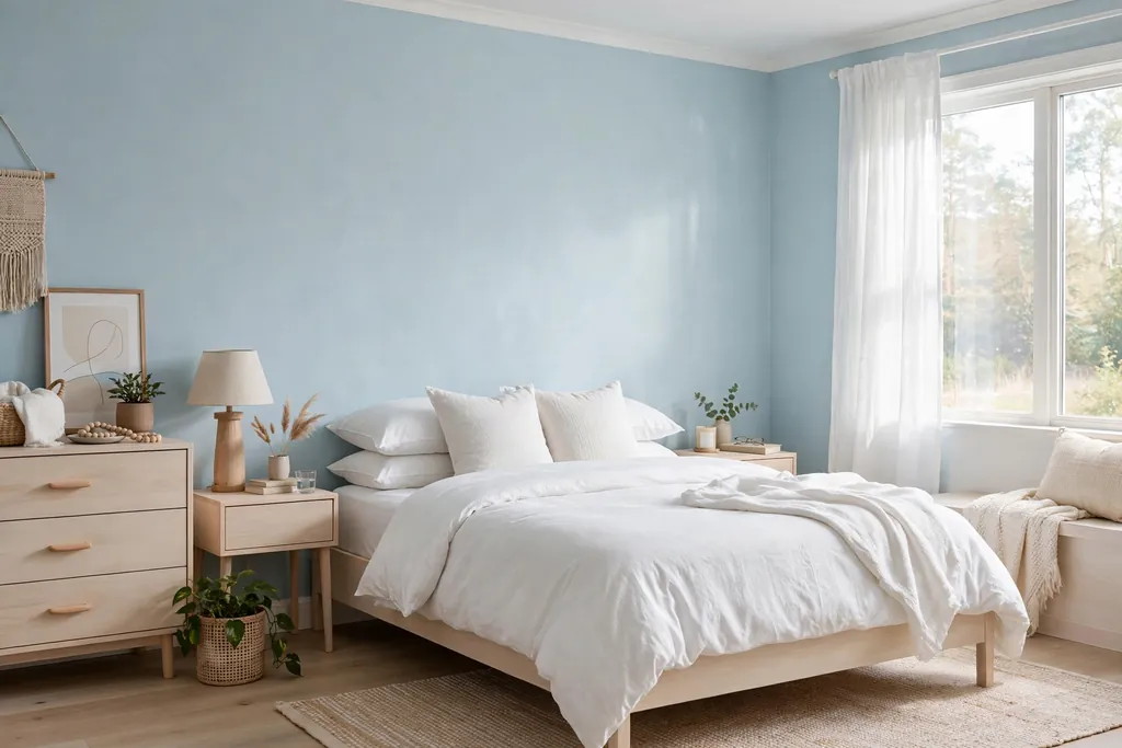 Bedroom with pale sky blue walls, white bedding, and pale wood furniture.
