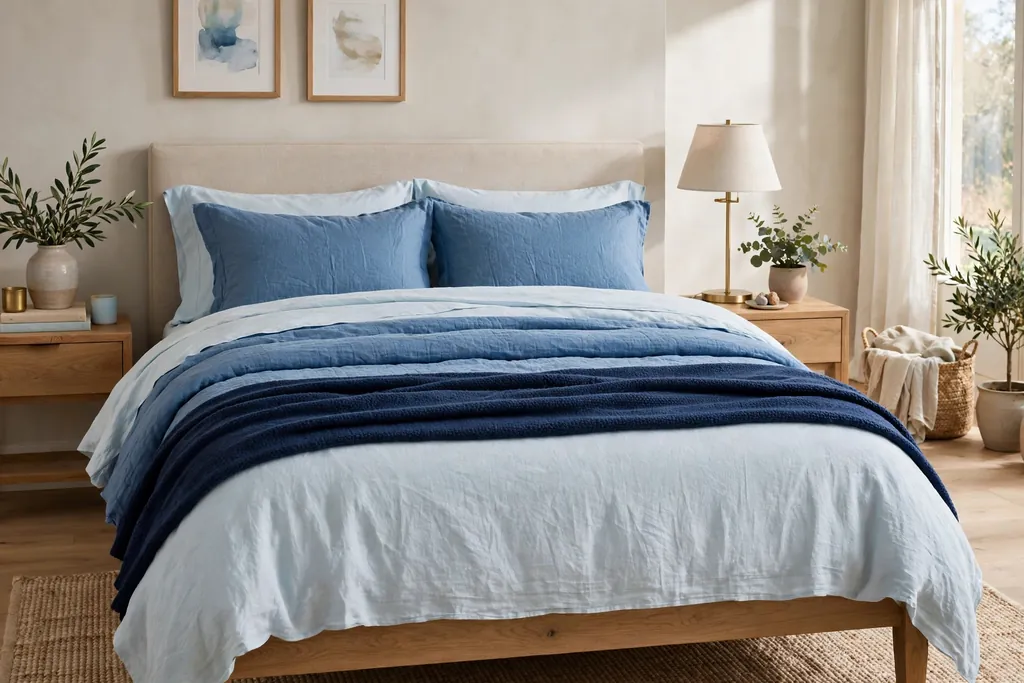 Bed layered with pale blue sheets, mid blue duvet, and navy throw at the foot.