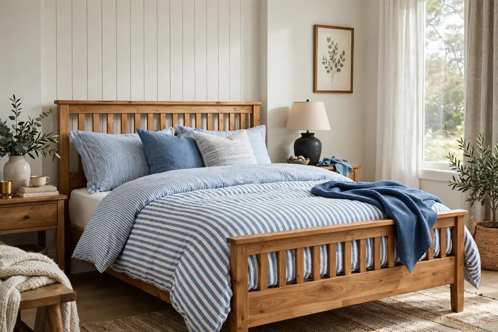 Bed with blue and white striped bedding and a wooden bed frame.