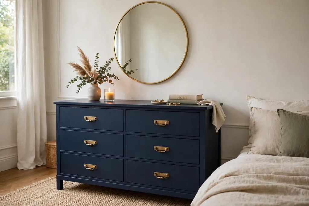Bedroom dresser painted navy with brass handles under a round mirror.