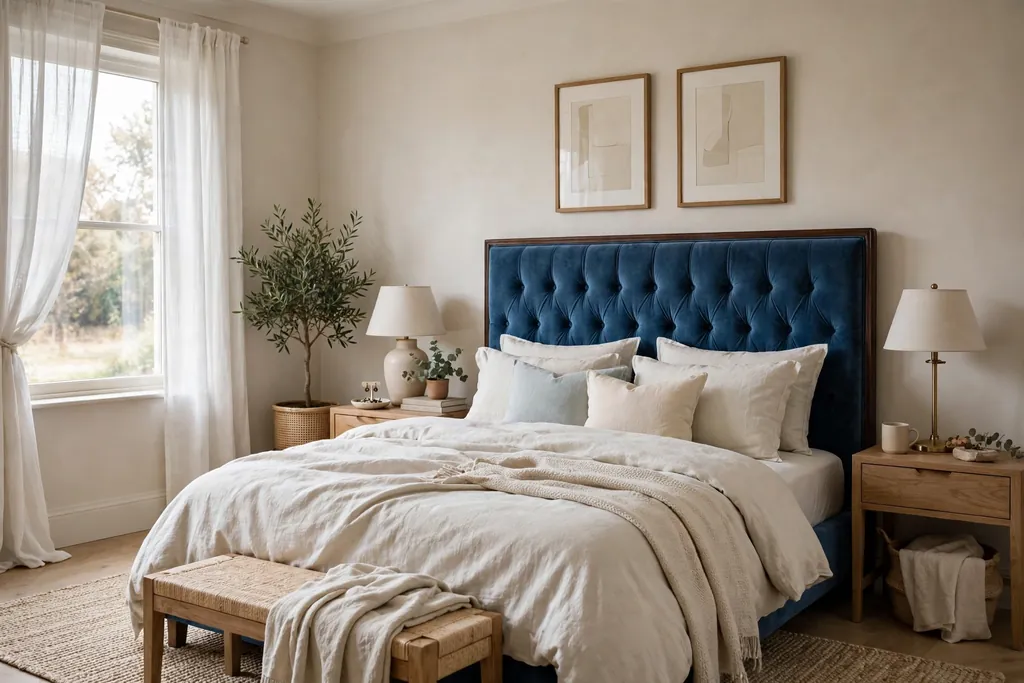 Bedroom with a blue velvet headboard and pale bedding.