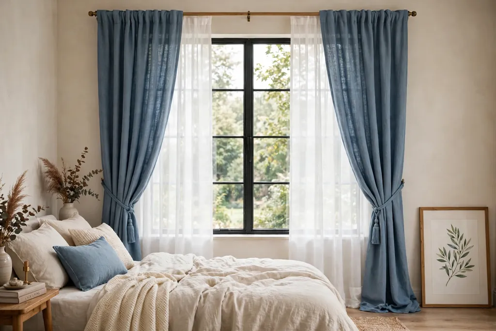 Bedroom window with dusty blue curtains over white sheer panels.