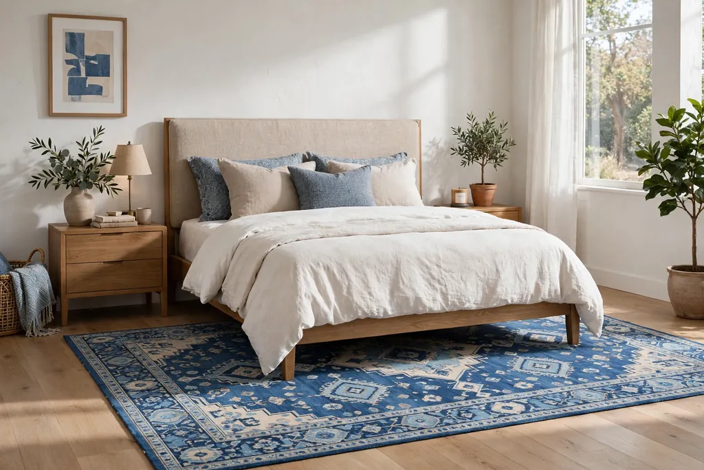 Bedroom with a large blue patterned rug under the lower half of a bed.