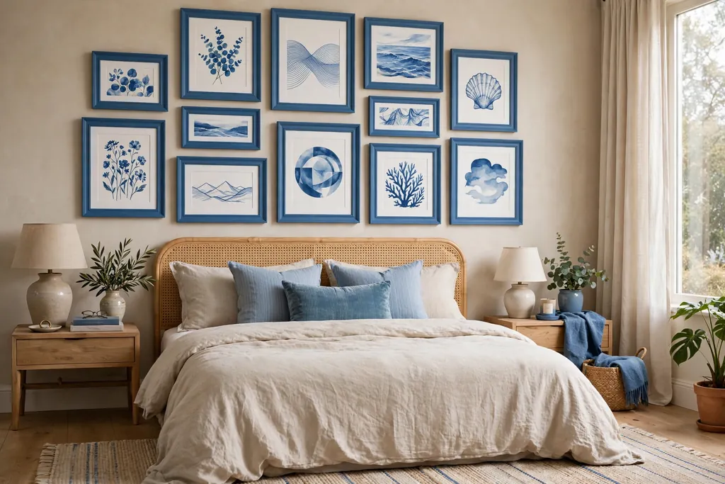 Bedroom with a gallery wall of blue framed prints above a bed.
