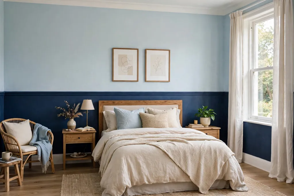 Bedroom wall painted navy below a chair rail and pale blue above it.